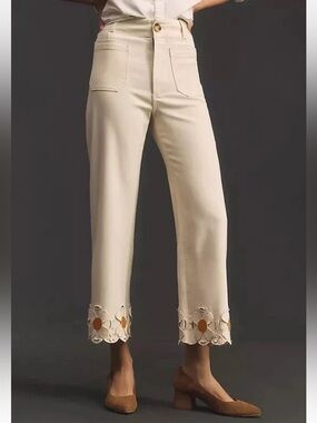 Anthropologie Maeve White Flare Wide Leg Jeans Decorative Floral Hem Size 26